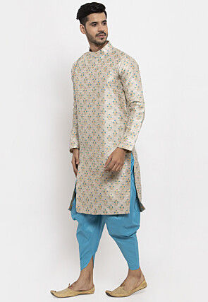 Woven Art Silk Jacquard Dhoti Kurta in Light Beige