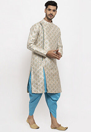 Woven Art Silk Jacquard Dhoti Kurta in Light Beige