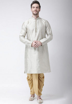Woven Art Silk Jacquard Dhoti Kurta in Light Grey