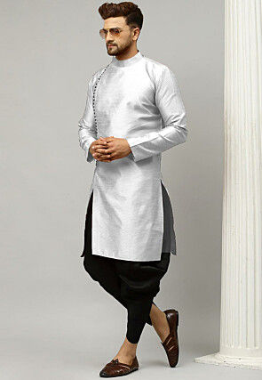 Woven Art Silk Jacquard Dhoti Kurta in Light Grey