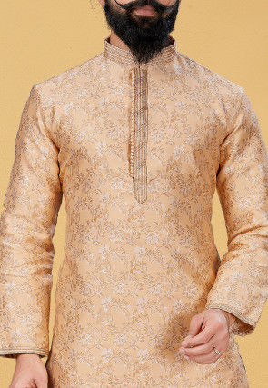 Woven Art Silk Jacquard Dhoti Kurta in Light Peach