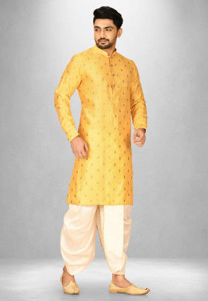 Woven Art Silk Jacquard Dhoti Kurta in Mustard