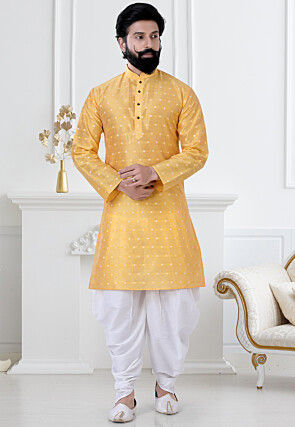 Woven Art Silk Jacquard Dhoti Kurta in Mustard