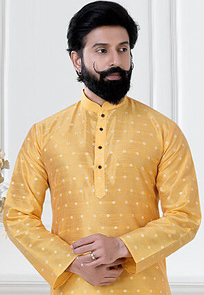 Woven Art Silk Jacquard Dhoti Kurta in Mustard