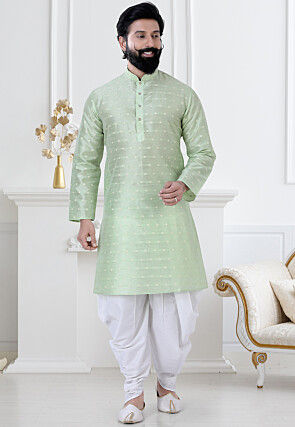 Woven Art Silk Jacquard Dhoti Kurta in Pastel Green
