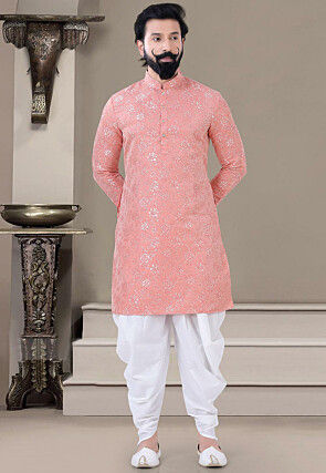 Woven Art Silk Jacquard Dhoti Kurta in Peach