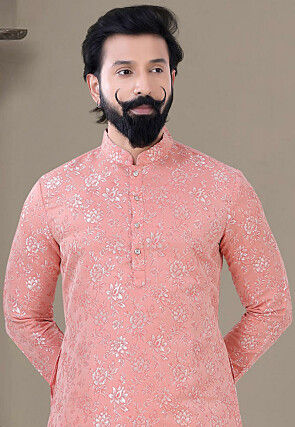 Woven Art Silk Jacquard Dhoti Kurta in Peach