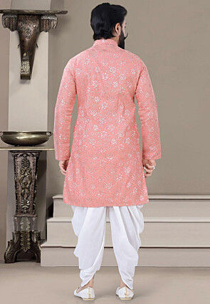 Woven Art Silk Jacquard Dhoti Kurta in Peach