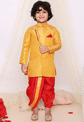 Woven Art Silk Jacquard Dhoti Kurta in Yellow