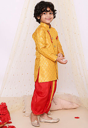 Woven Art Silk Jacquard Dhoti Kurta in Yellow