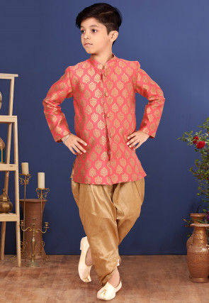 Woven Art Silk Jacquard Dhoti Sherwani in Coral Pink