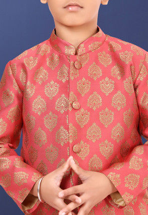 Woven Art Silk Jacquard Dhoti Sherwani in Coral Pink