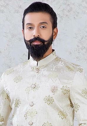 Woven Art Silk Jacquard Dhoti Sherwani in Light Beige