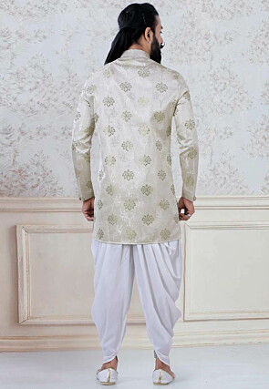 Woven Art Silk Jacquard Dhoti Sherwani in Light Beige