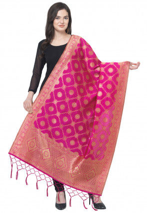 Woven Art Silk Jacquard Dupatta in Pink