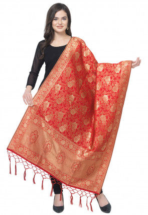 Woven Art Silk Jacquard Dupatta in Red