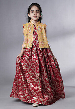 Woven Art Silk Jacquard Gown in Maroon