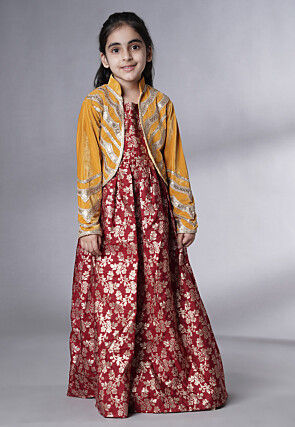 Woven Art Silk Jacquard Gown in Maroon