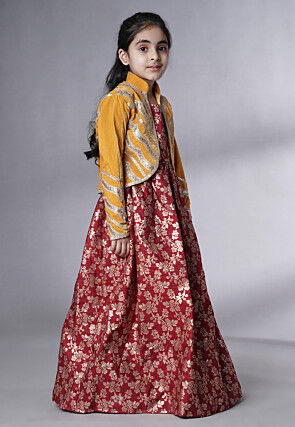 Woven Art Silk Jacquard Gown in Maroon