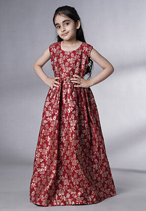 Woven Art Silk Jacquard Gown in Maroon