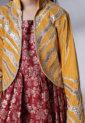 Woven Art Silk Jacquard Gown in Maroon