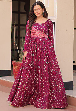 Woven Art Silk Jacquard Gown in Purple