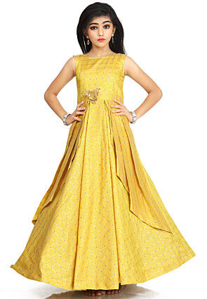 Woven Art Silk Jacquard Gown in Yellow