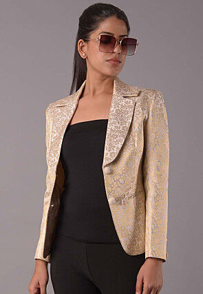Woven Art Silk Jacquard Jacket in Beige