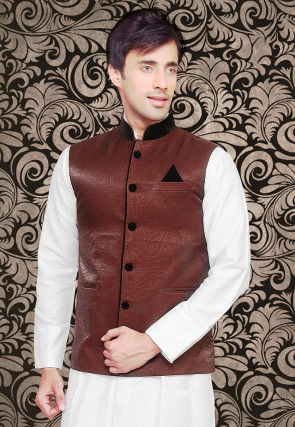 Woven Art Silk Jacquard Jacket in Brown