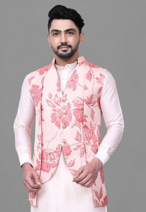 Woven Art Silk Jacquard Nehru Jacket in Pink