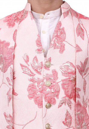 Woven Art Silk Jacquard Nehru Jacket in Pink