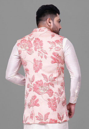 Woven Art Silk Jacquard Nehru Jacket in Pink
