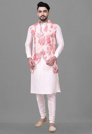 Woven Art Silk Jacquard Nehru Jacket in Pink