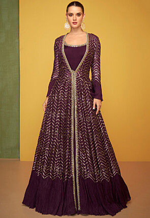 Woven Art Silk Jacquard Jacket Style Gown in Purple
