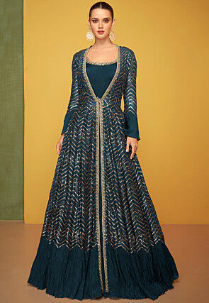 Woven Art Silk Jacquard Jacket Style Gown in Teal Blue