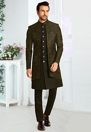 Woven Art Silk Jacquard Jacket Style Sherwani in Black