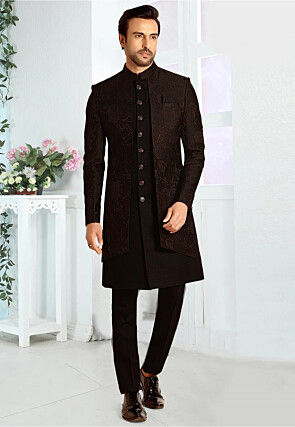 Woven Art Silk Jacquard Jacket Style Sherwani in Black