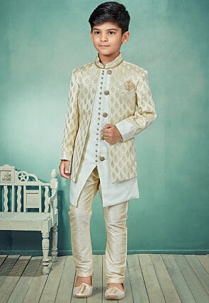 Woven Art Silk Jacket Style Sherwani in Cream and Off White