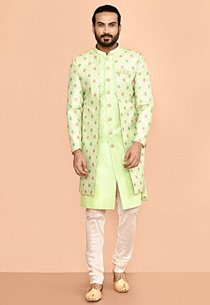 Woven Art Silk Jacquard Jacket Style Sherwani in Light Green