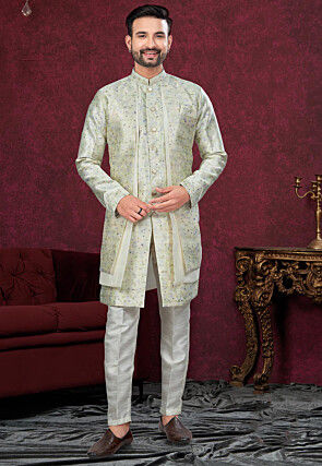 Woven Art Silk Jacquard Jacket Style Sherwani in Light Green