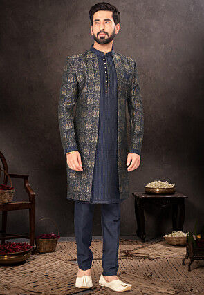 Woven Art Silk Jacquard Jacket Style Sherwani in Navy Blue