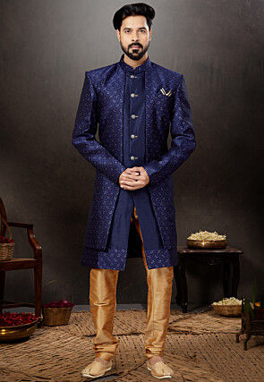 Woven Art Silk Jacquard Jacket Style Sherwani in Navy Blue