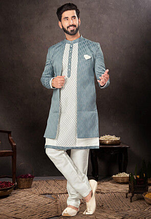 Woven Art Silk Jacquard Jacket Style Sherwani in Off White and Blue
