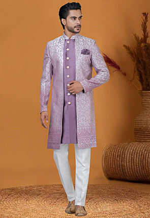Woven Art Silk Jacquard Jacket Style Sherwani in Purple