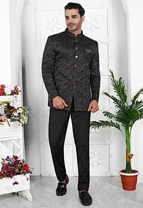 Woven Art Silk Jacquard Jodhpuri Jacket in Black