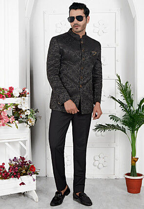 Woven Art Silk Jacquard Jodhpuri Jacket in Black