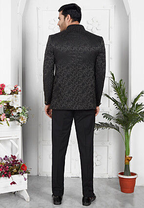 Woven Art Silk Jacquard Jodhpuri Jacket in Black