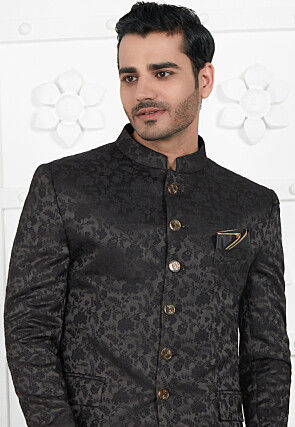 Woven Art Silk Jacquard Jodhpuri Jacket in Black