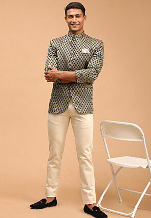 Woven Art Silk Jacquard Jodhpuri Jacket in Black