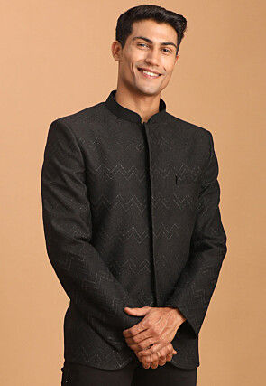 Woven Art Silk Jacquard Jodhpuri Jacket in Black